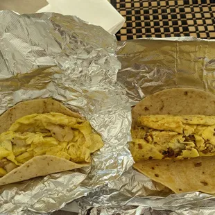 Breakfast tacos: egg and potato, egg and veggie chorizo