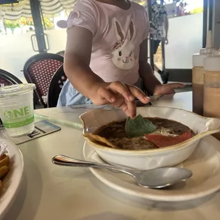 Bean dip with homemade tortilla chips red and green.