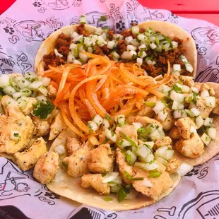 Traditional street tacos, come in a set of 5, with tax a little over $13.  The sautéed onions in the middle, nice.