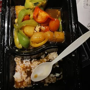 What's left of the sweet &amp; sour. Kids ate the few pieces of chicken. Small serving. veggies prepared well, but too salty for us to eat.