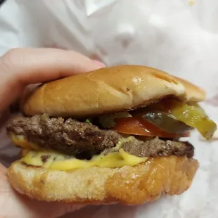 a hand holding a cheeseburger