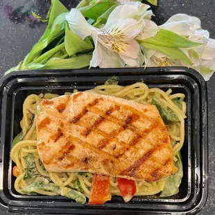 to go - salmon green curry coconut green curry pasta