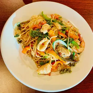 spaghetti kee moo talay - spicy spaghetti with mixed seafood, holy basil, thai peppercorns, garlic chili oil