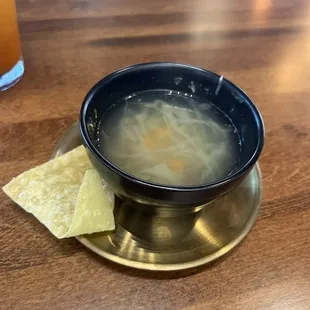 Soup and wonton chip given with lunch special