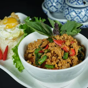 Lunch Special: Basil Chicken with Rice and side of Fried Egg
