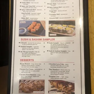 Sushi,Sashimi &amp; Dessert menu