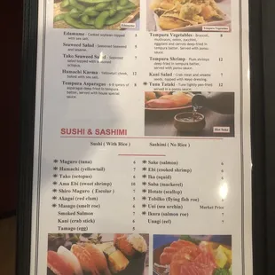 sushi and sashimi, menu