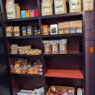 a shelf full of food items