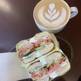 Salmon Bagel and latte