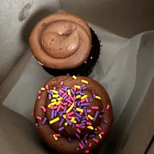 two cupcakes with chocolate frosting and sprinkles