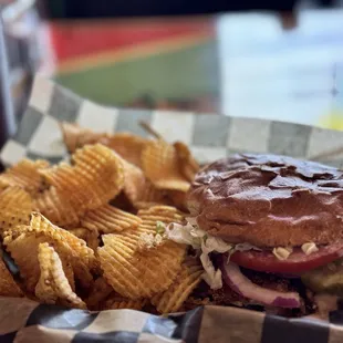 BYO chicken sandwich, chips, &amp; unsweetened tea.