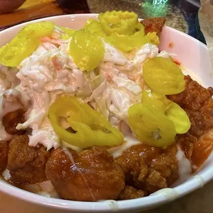 Chicken chunks, swimming in flavor.
