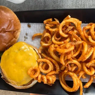 Burger and curly fries