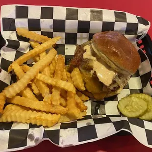 a hamburger and fries