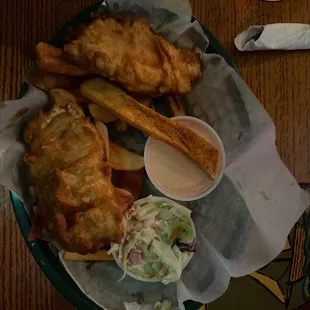 fish and chips and coleslaw