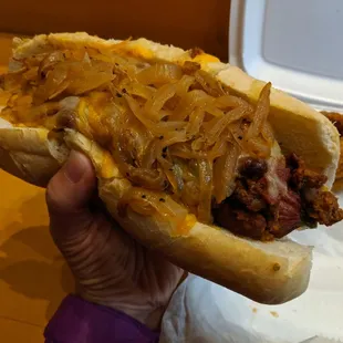 The Works Dog with Onion Rings at Paddy O’s 9/2019