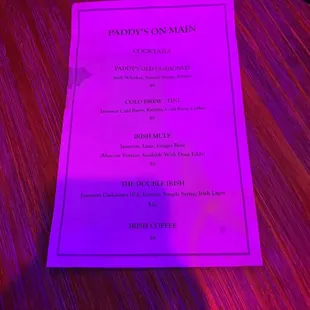 a menu on a table