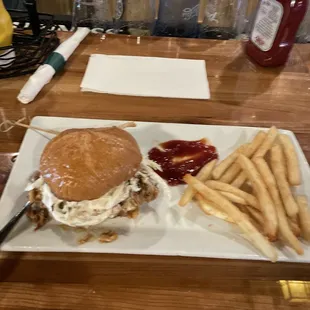 Pulled pork sandwich and fries