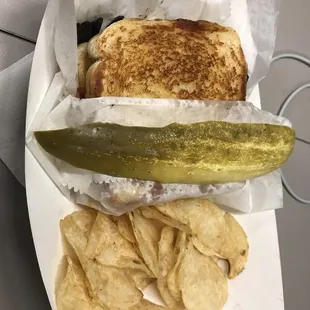 Grilled cheese, pickle and chips for $5, nice!