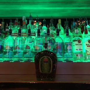 a row of liquor bottles