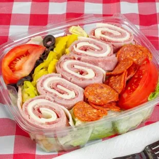 Anti Pasto salad - lettuce, tomato, onion, banana pepper, black olives, salami, ham and cheese &amp; pepperoni