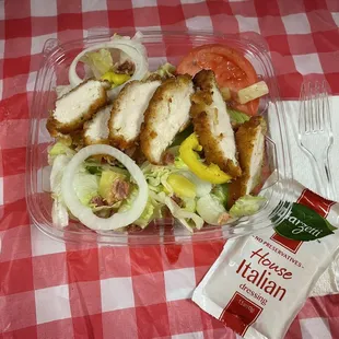 Crispy Chicken Salad - lettuce, tomato, onion, banana pepper, bacon, PINEAPPLE and crispy chicken breast