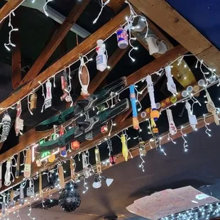 a ceiling of lights and decorations