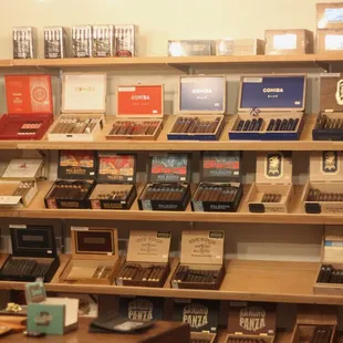 shelves of cigars in a cigar shop