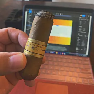 Lit cigar with laptop in background.