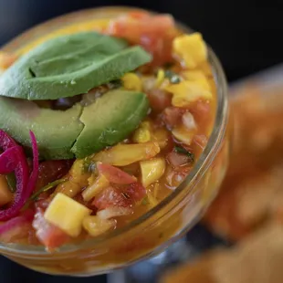 Tropical Ceviche: Sweet and colorful, with chips. The ceviche is sweet and tangy, not fishy tasting at all.