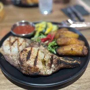 Peruvian Pork Chops Peruvian Pork Chops, grilled veggies and Plantains.