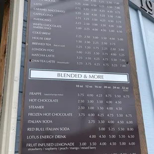 Coffee menu