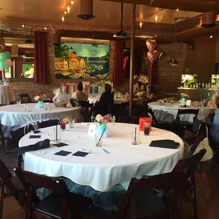 After people finished eating so not as aesthetically pleasing, but this is how the room was set up with 5 banquet tables.