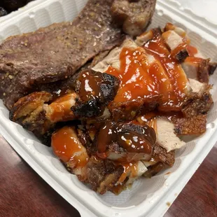 Steak and pork with that yummy special sauce.