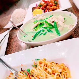 Rainbow Salad; Green Curry Chicken; Chicken Kebat; Rice.