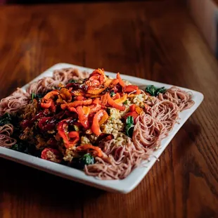Lovely vegan dinner with red Thai rice noodles...