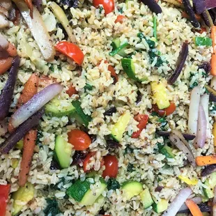 Basmati rice with fresh grilled vegetables.  This is a vegan/vegetarian dish.