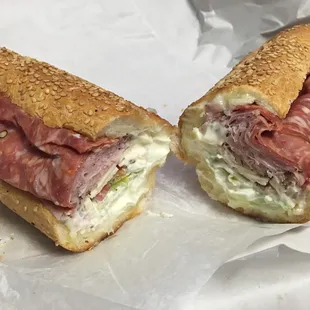 #19 Italian Hoagie Diablo: Hot sopressata, pepper ham, ham capicolla and sharp provolone cheese with lettuce, tomato, onion, oil. Extra mayo