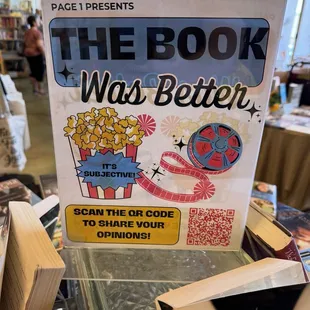 Books made into movies table signage.