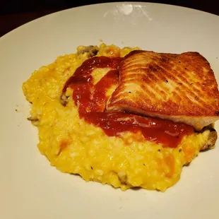 Butternut squash risotto with salmon.