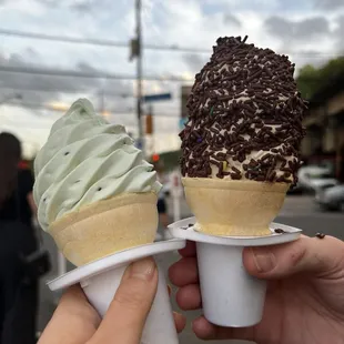 Mint chip oat milk soft serve and coffee soft serve