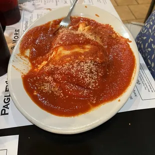 Lasagna- missing a few bites and both meatballs- another huge portion!