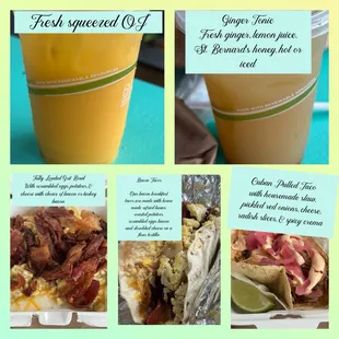 Breakfast  Bacon Tacos Pagoda Cuban Taco Ginger Tonic Orange Juice Grit bowl
