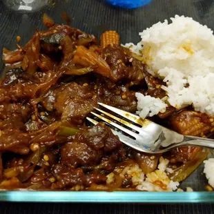 Leftover Szechuan beef and home cooked rice