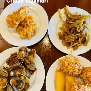 three plates of food on a table