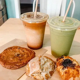 Honey Rose Matcha &amp; Chai with pastries