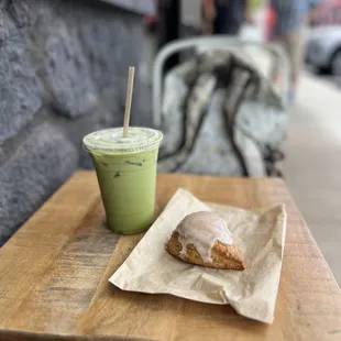 matcha latte and earl grey scone