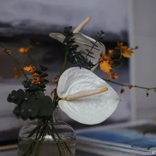 Arrangements on glass vase.