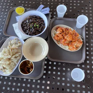 black bean noodles, sweet and sour pork, and chili shrimp