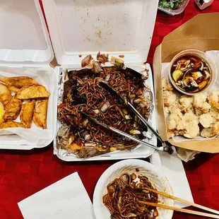 Gukmandu Fried pork dumplings, yellow pickled radish, Jaeng-Ban Jajjang spicy seafood noodles, Tangsuyuk crispy pork &amp; sweet &amp; sour sauce.